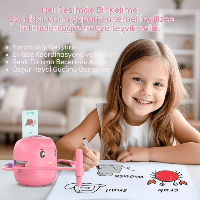 3+ Yaş Eğitici Montessori Oyuncak – Çizim Robotu, 100 İngilizce Kart & Sesli Etkileşim